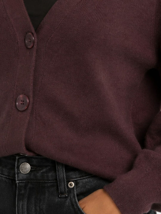 Lange Gestrickte Damen Strickjacke mit Knöpfen Burgundisch