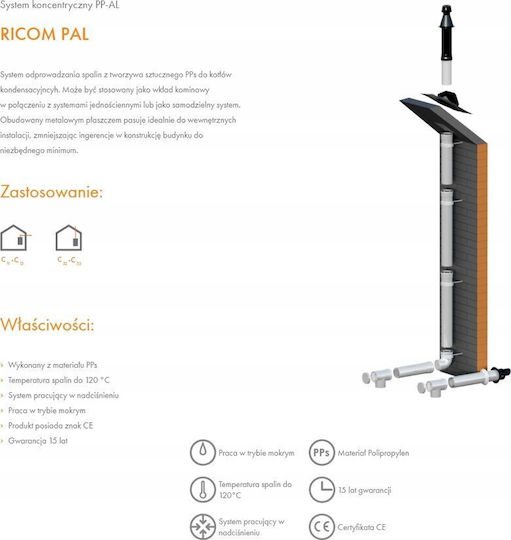 Ricom Γωνιακός Σύνδεσμος Καμινάδας Pp-al 45° Dn80/125 Στεγανωτικό
