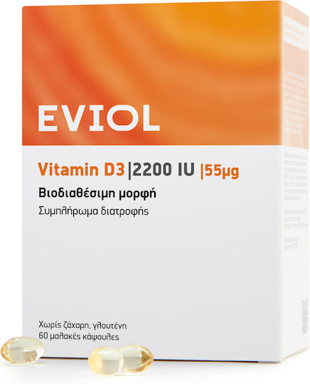 EVIOL Vitamin D3 Vitamin für die Stärkung des Immunsystems und die Gesundheit der Knochen 2200 IE 60 Weiche Kapseln