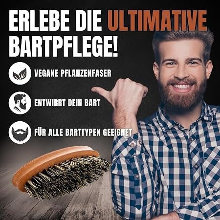 Remos Beard Care Brush 100% Vegan Plant Bristles Ergonomic Wooden Handle Styling Detangling Beard