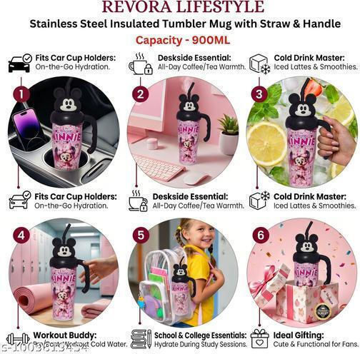 Sticlă Pentru Copii Apă Caldă Rece Minnie 900ml Oțel Inoxidabil Cu Pai K35090-77 Roz