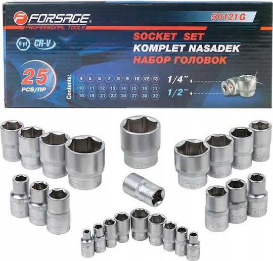 Forsage Set Sockets 1/4'' & 1/2'' 25 Pieces Hexagon 4-32mm
