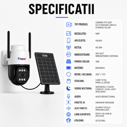 Taggo Stil Cameră De Supraveghere IP 4G Full HD+ 5MP Rezistentă La Apă Cu Comunicare Bidirecțională De La Baterie