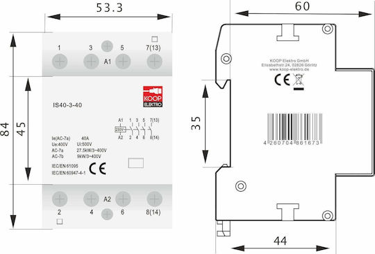 KOOP Elektro Dreipoliger Elektrische Schaltpaneel-Druckknopfschalter 230V 40A