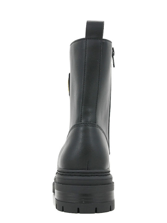 Leather Women's Combat Boots with Medium Heel Black