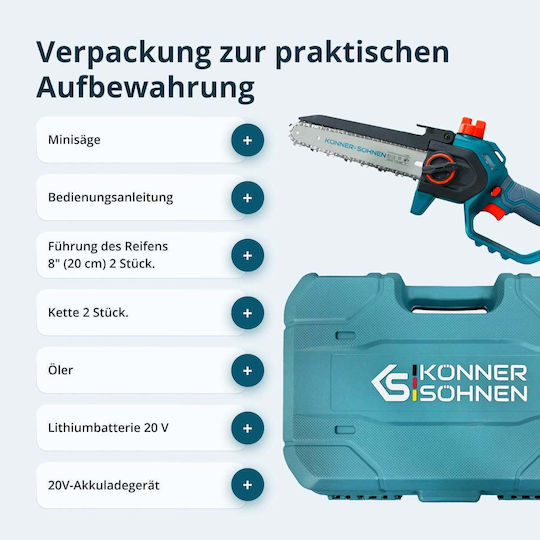 Könner & Söhnen Battery Pruning Chainsaw 1x2Ah Brushless 20V 1.45kg with 20.32cm Blade