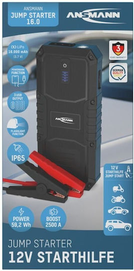 Ansmann Portable Car & Motorcycle Battery Starter 2500A with Power Bank USB Flashlight 12V