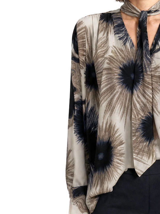 Women's Long Sleeve Blouse with V-Neck Beige-Blue