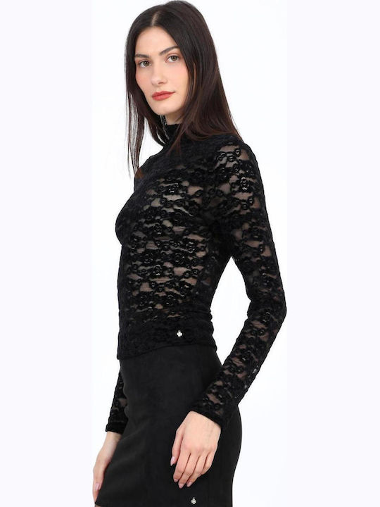 Damen Samt Bluse mit Spitze Schwarz