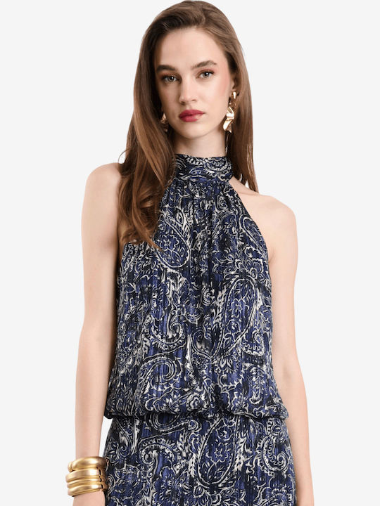 Women's Sleeveless Blouse with Neck Tie Blue