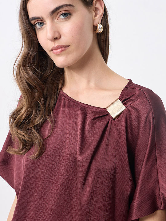 Damen Crop Top Satin Kurzärmelig Burgundisch