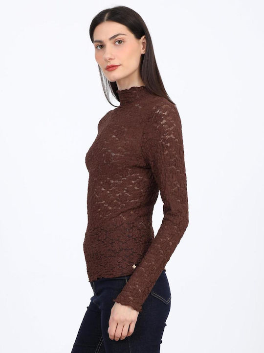Damen Bluse mit Spitze Braun