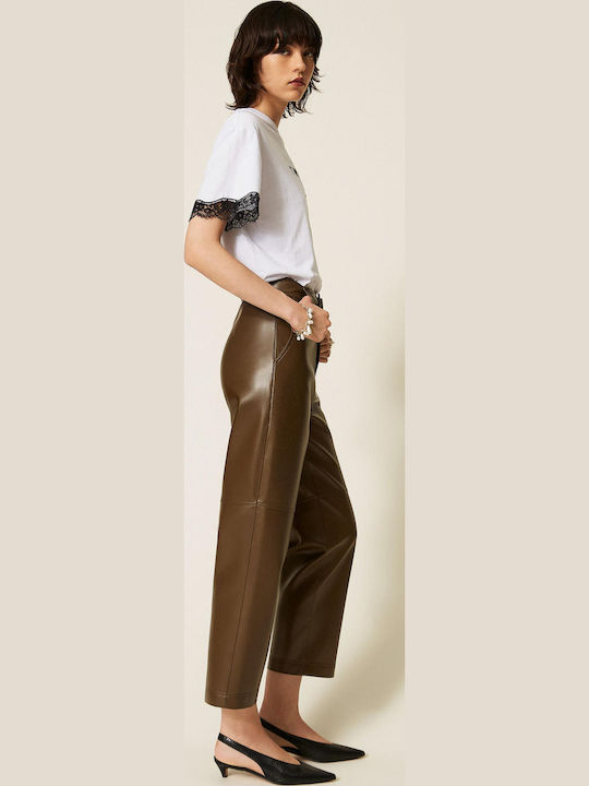 Women's Leather Trousers in Straight Leg Style Green