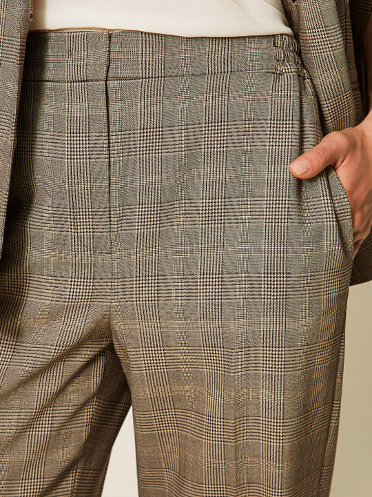 Women's High Waist Fabric Trousers in Straight Checked Beige