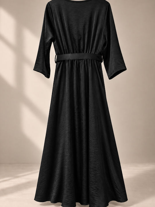 Summer Maxi Evening Satin Drape Black Dress