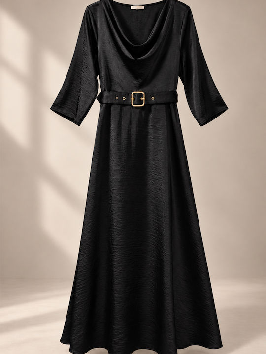 Summer Maxi Evening Satin Drape Black Dress