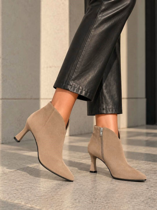 Suede Women's Ankle Boots with High Heel Beige