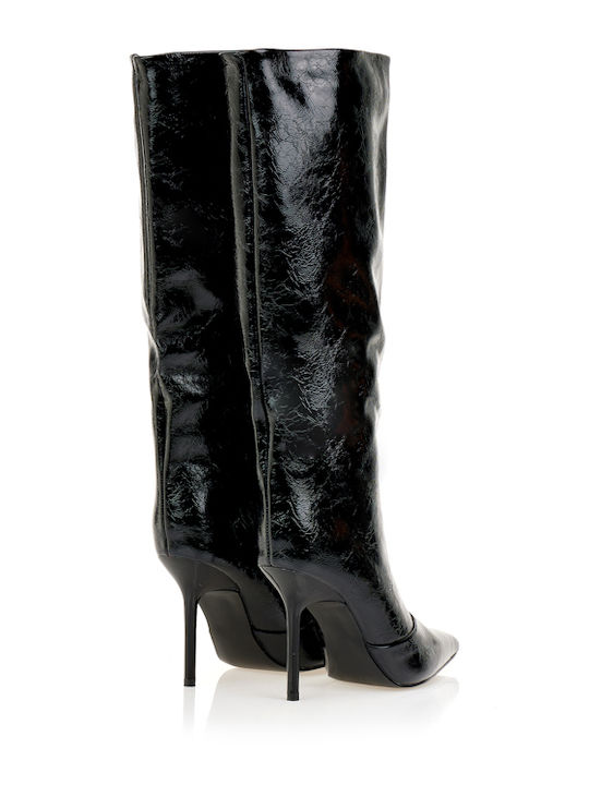 Women's Patent Leather Boots with High Heel Black