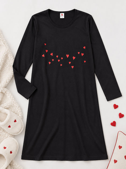 Cherry Winter Baumwollenes Damen Nachthemd Schwarz