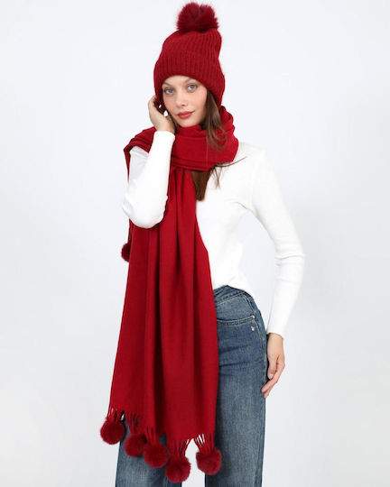 Pom Pom Beanie Unisex Strickmütze in Roter Farbe