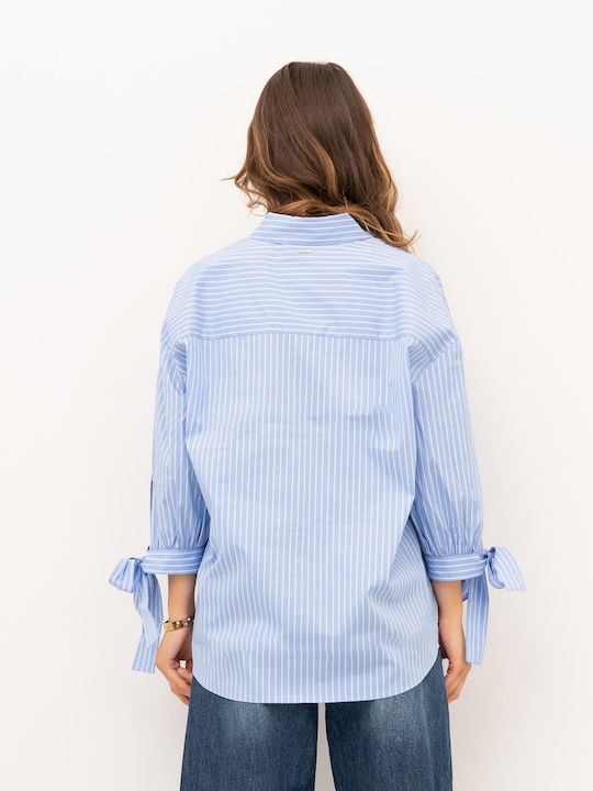 Long Sleeve Women's Denim Shirt Light Blue Striped