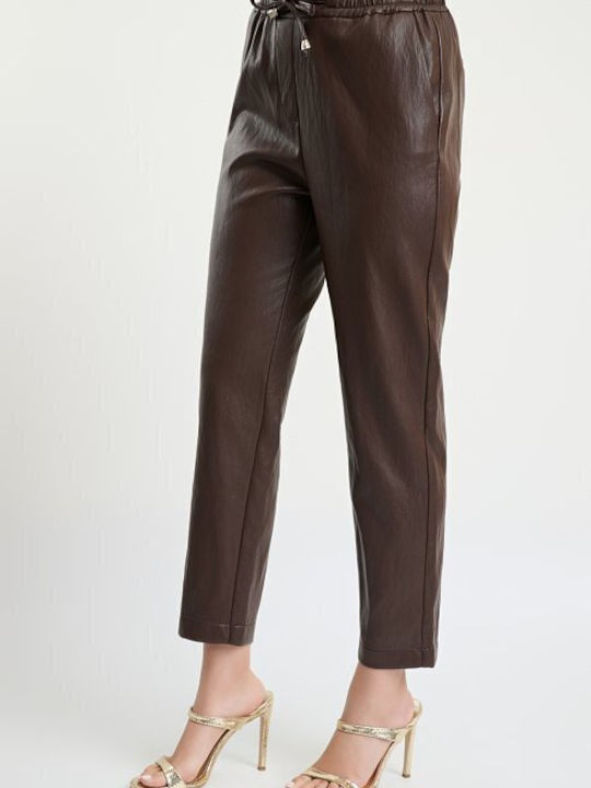 Damen Lederhose mit Gummiband in Lose Passform Braun