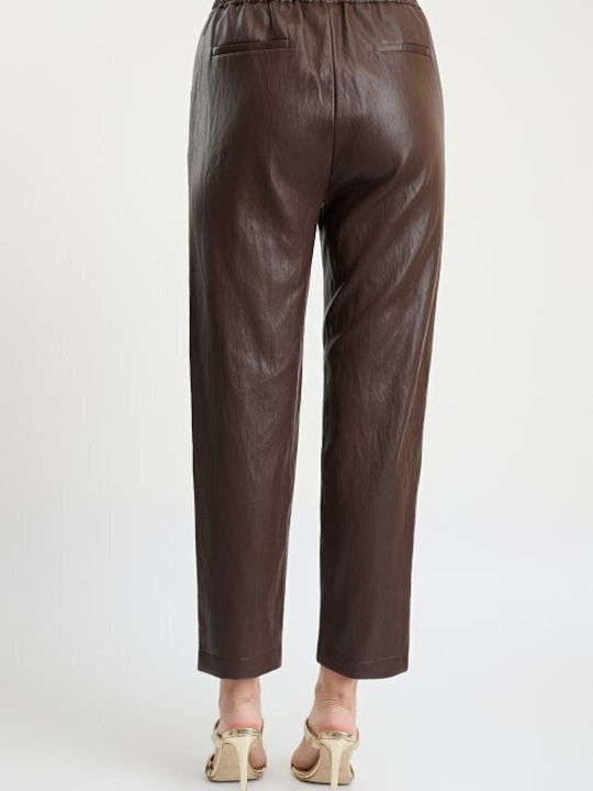 Damen Lederhose mit Gummiband in Lose Passform Braun