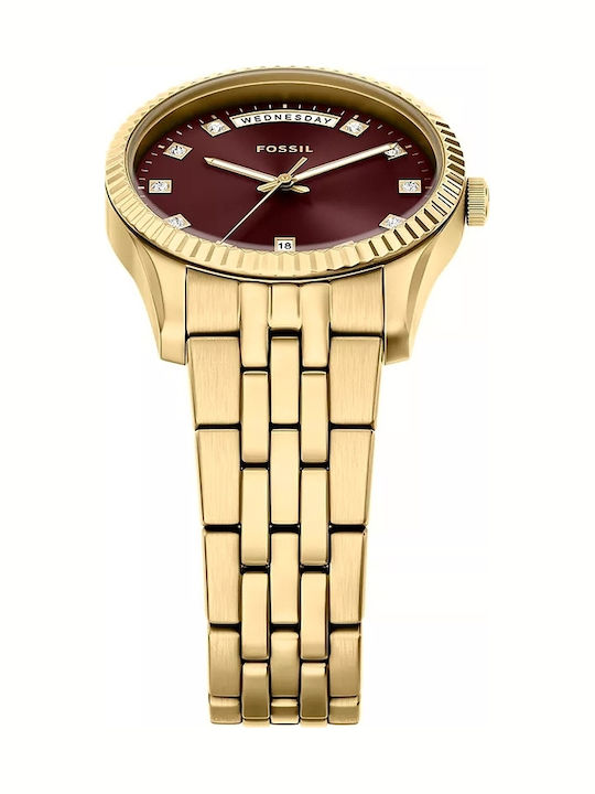 Scarlette Three Hand Date Womens Watch 34mm Battery With Gold/Burgundy Steel Bracelet