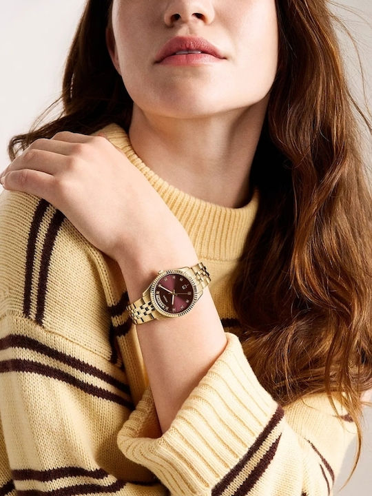 Scarlette Three Hand Date Womens Watch 34mm Battery With Gold/Burgundy Steel Bracelet