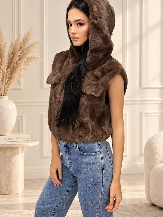 Blană Lungă Fără Mâneci Pentru Femei Brown