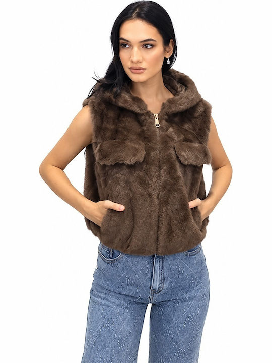 Blană Lungă Fără Mâneci Pentru Femei Brown