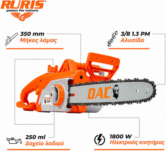Ruris Dac 318el – Electric Chainsaw 1800 W 35 Cm Guide Bar 3/8 Chain Auto Lubrication