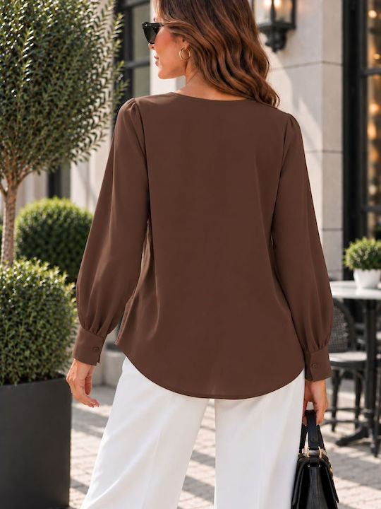 Women's Blouse with V-Neck Brown