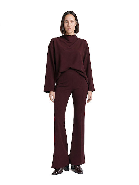 MY T Women's Fabric Flared Trousers with Elastic Burgundy