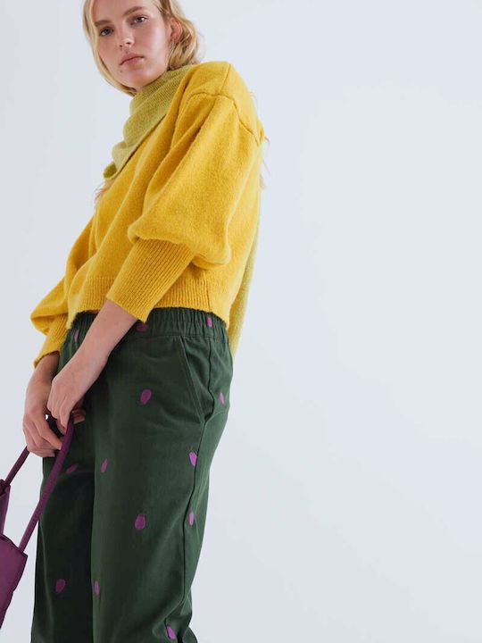 Women's High Rise Fabric Trousers with Elastic in Regular Fit Green