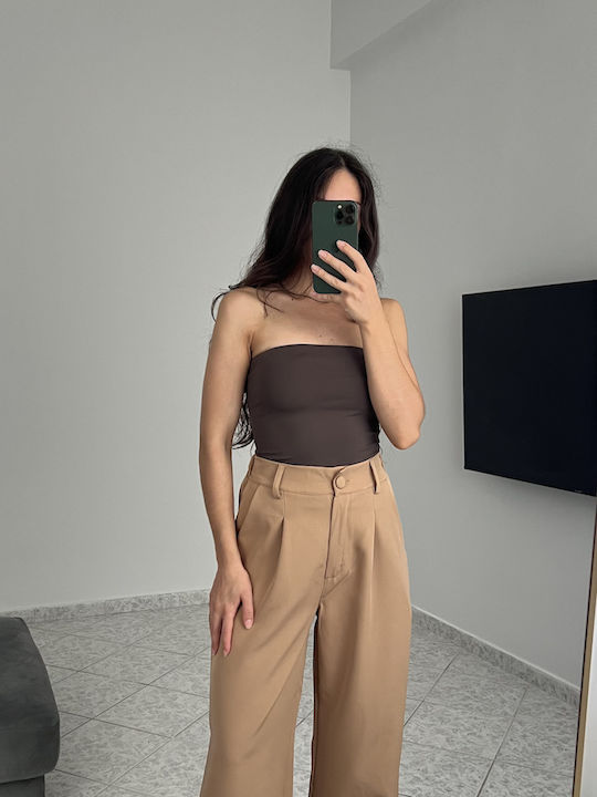 Women's High Rise Pantaloons with Rubber Band in Wide Leg Style Brown