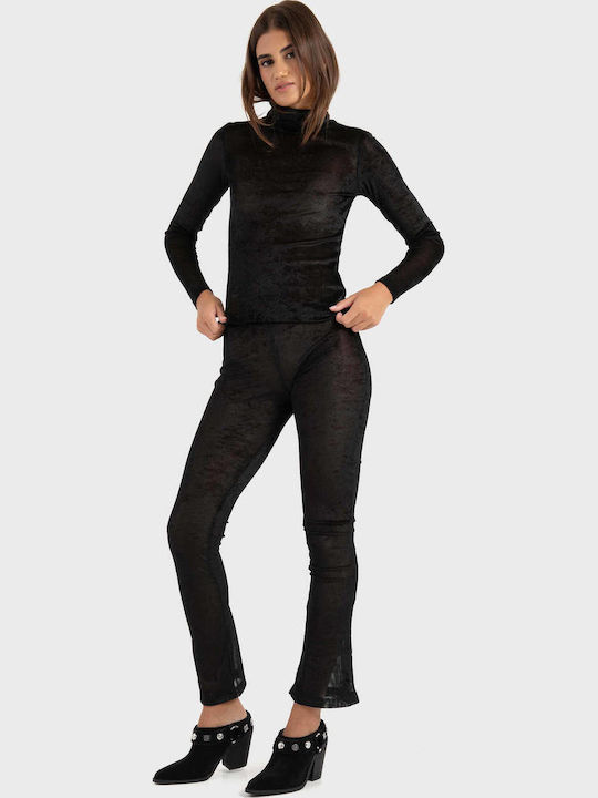 Women's Fabric Flared Trousers with Elastic in Slim Fit Black & White