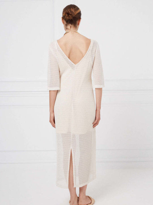 Summer Midi Shirt Dress Knitted with Tearing Ecru