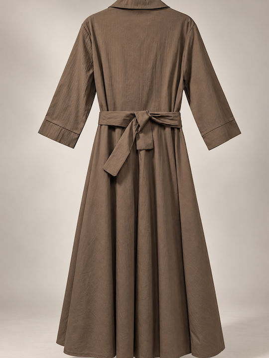 Maxi Shirt Dress with 3/4 Sleeve Wrap Brown Tobacco