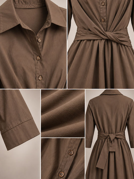 Maxi Shirt Dress with 3/4 Sleeve Wrap Brown Tobacco