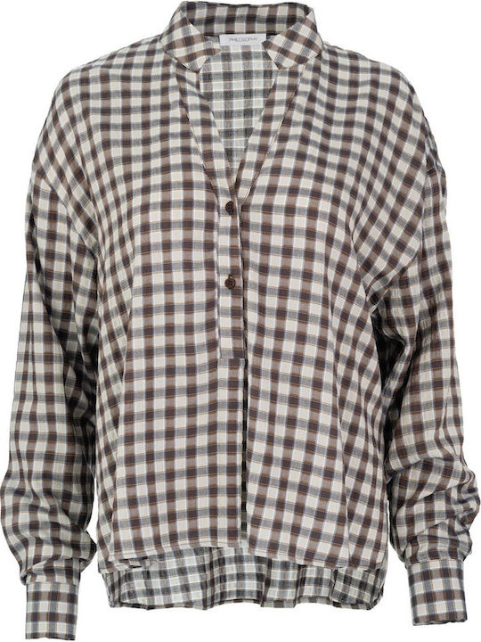 Long Sleeve Women's Shirt Brown Checked