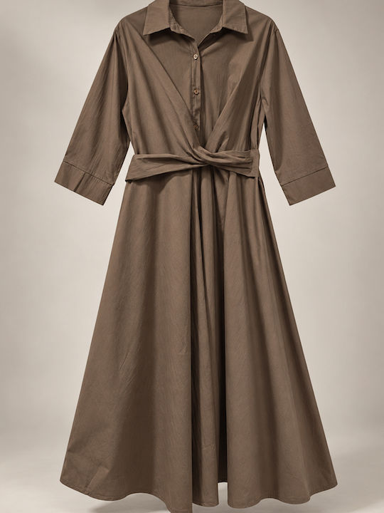 Maxi Shirt Dress with 3/4 Sleeve Wrap Brown Tobacco
