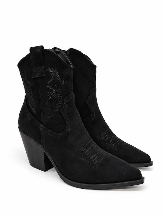 Suede Women's Ankle Boots Cowboy Black 588-012A-BLACK
