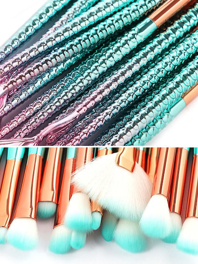 Maange Set 15 Make Up Brushes Mermaid Shape Pinkish Blue