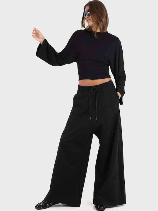 Damen Crop Top Drapierung Langärmelig Schwarz