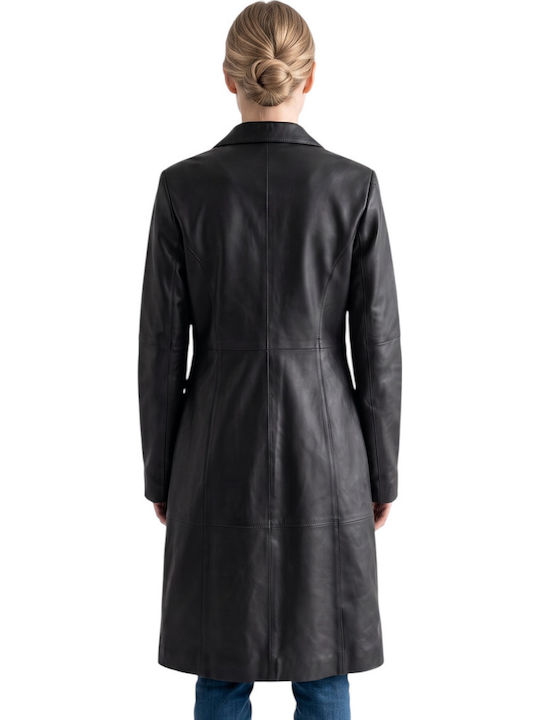 Leder Damenmantel Halber Mantel Schwarz mit Knöpfen