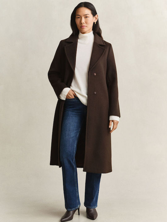 Wool Women's Coat Brown with Belt