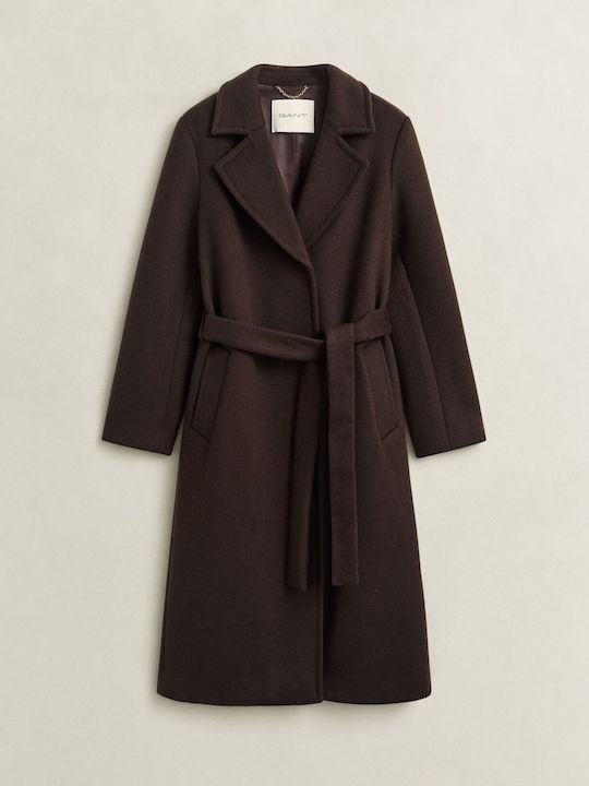 Wool Women's Coat Brown with Belt