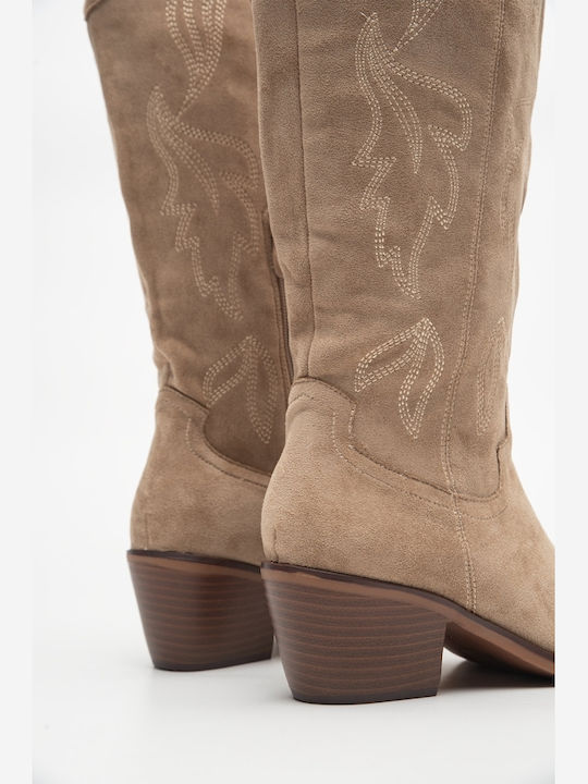 Suede Women's Cowboy Boots Beige