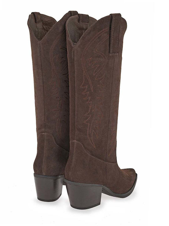 Wildleder Damenstiefel Cowboy mit Mittelhohem Absatz Braun